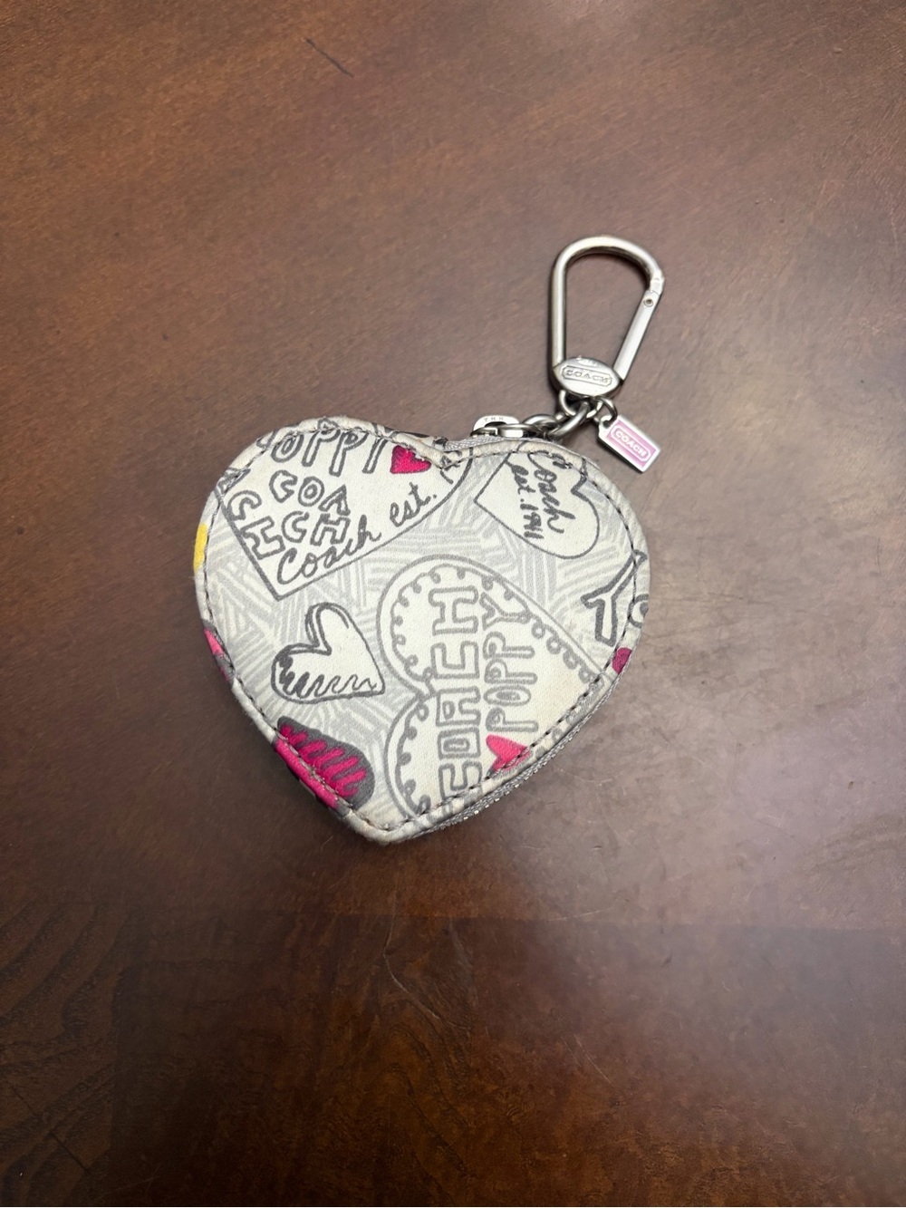 Coach Poppy Graffiti heart shaped coin purse keychain
